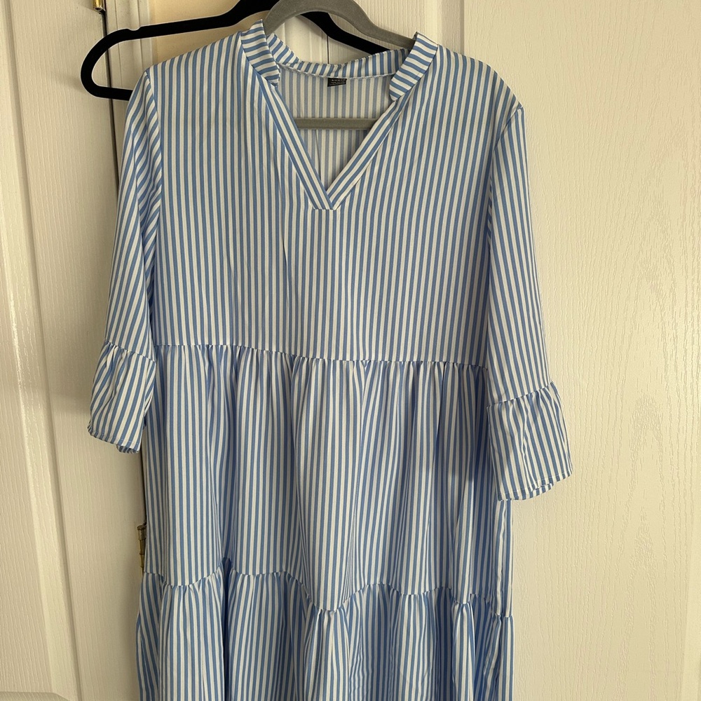 Blue and White Striped V-Neck Tiered Dress